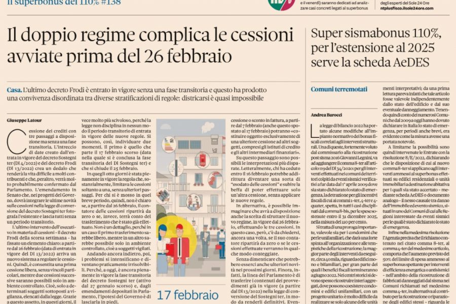 IlSole24Ore 04_03_2022 | Super sismabonus 110%, per l’estensione al 2025 serve la scheda AeDES